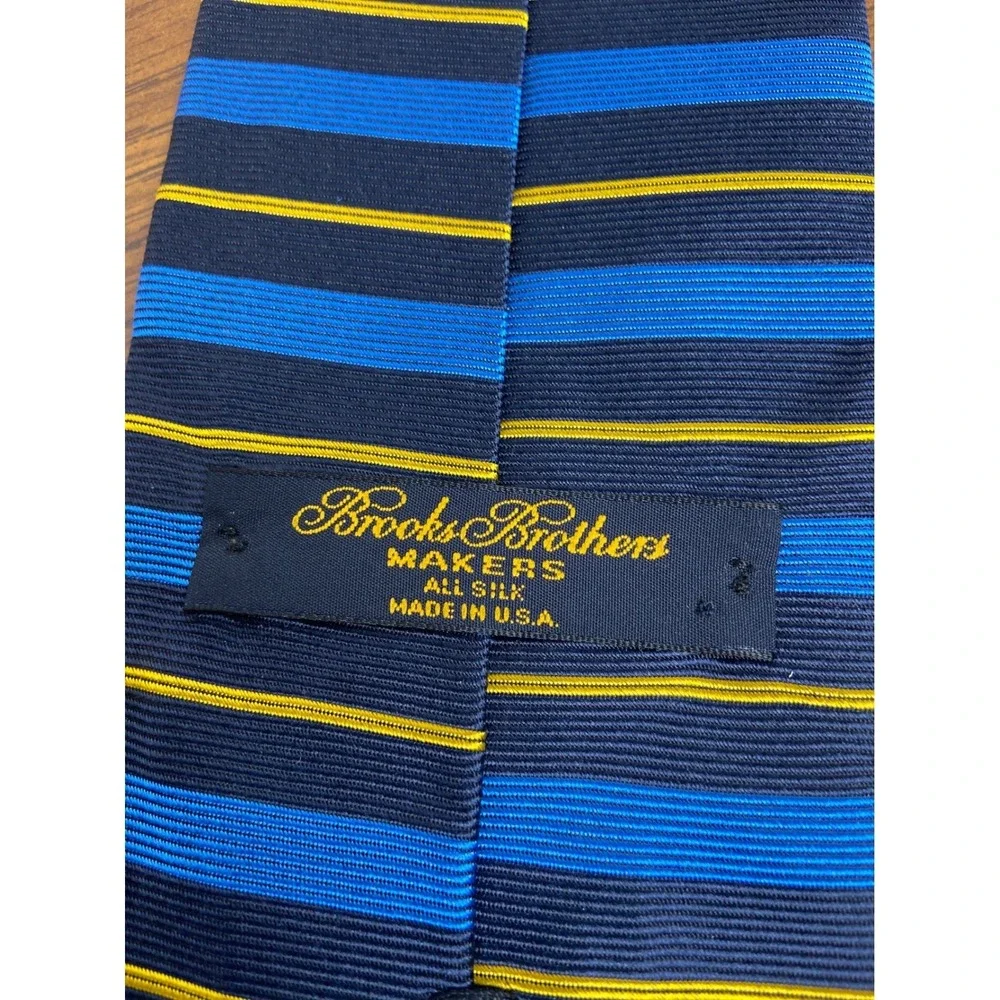 Brooks Brothers Makers Striped Necktie 100% Silk Made in USA Blue Yellow Vintage
